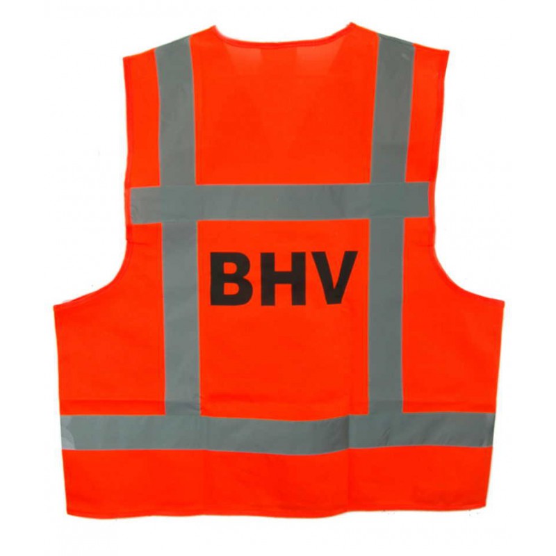 Veiligheiddsvest oranje speciaal voor BHV-ers met opdruk BHV in zwart. Vergroot de veiligheid en zorg dat BHV-ers herkenbaar zijn.